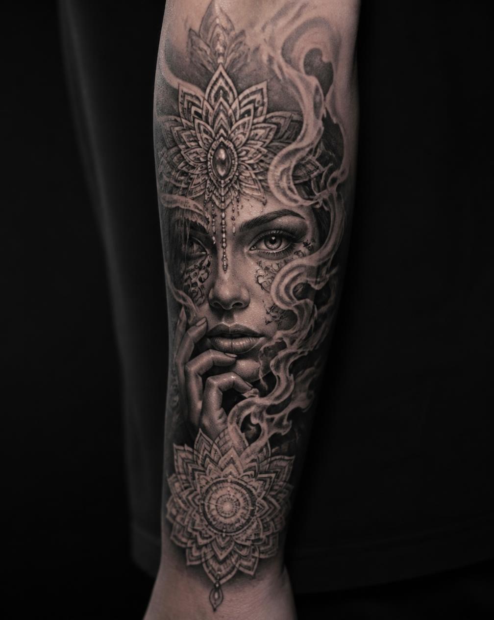 Tatuaje realista de rostro femenino con mandala en el antebrazo