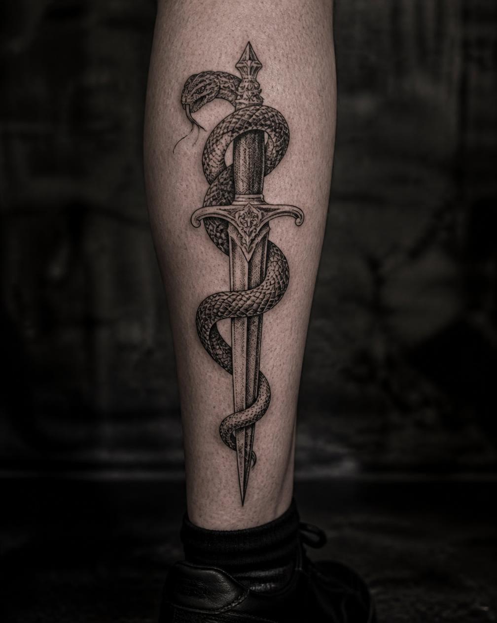 Tatuaje de serpiente enroscada en una daga en la pantorrilla