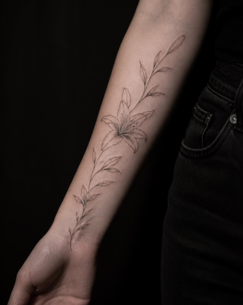 Tatuaje floral de línea fina recorriendo el antebrazo