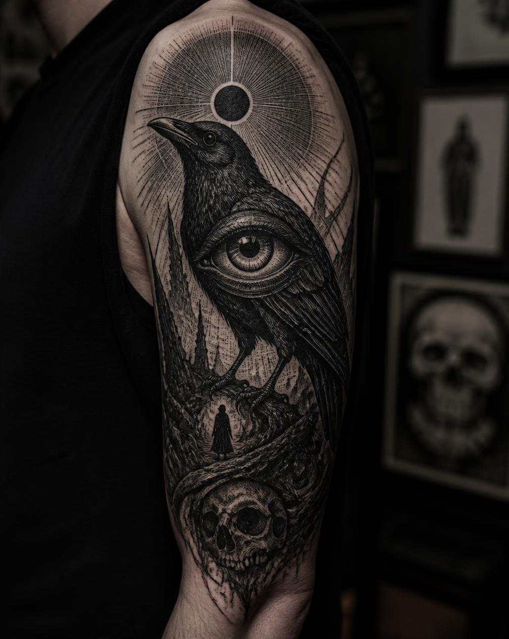 Tatuaje blackwork de cuervo con ojo en el brazo